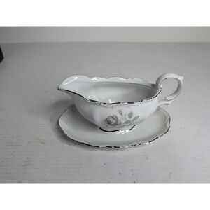 Mitterteich "Mystic Rose" Gravy Boat w Attached Tray– Gray Roses, Platinum Trim